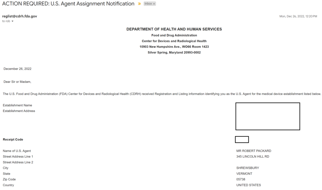 Example of an "Action Required Email" from the FDA to an FDA US Agent for confirmation