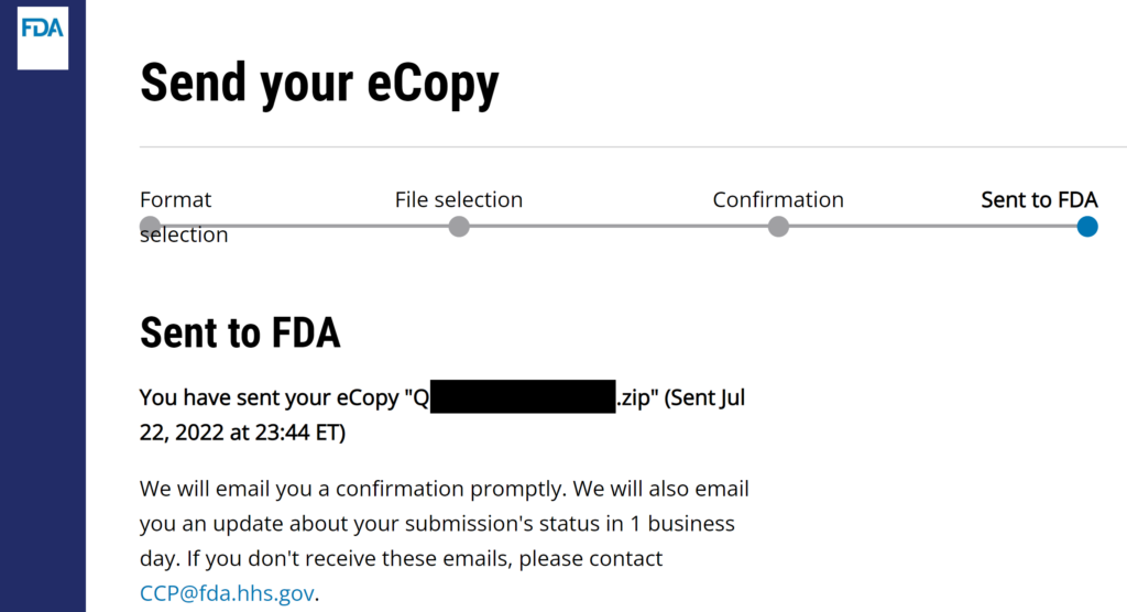 Confirmation that eCopy was sent 1024x556 FDA CCP now accepts FDA eSTAR & eCopy