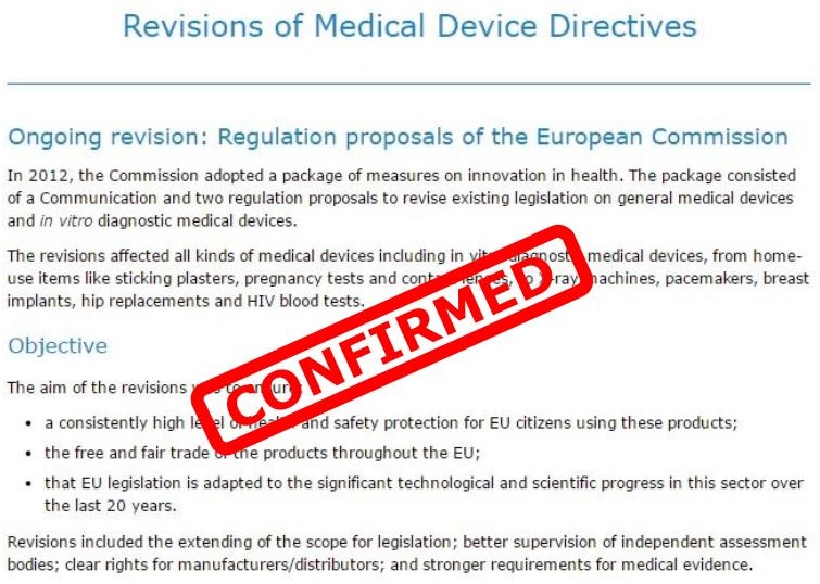 Confirmed New European Medical Device Regulations   Updated June 2016