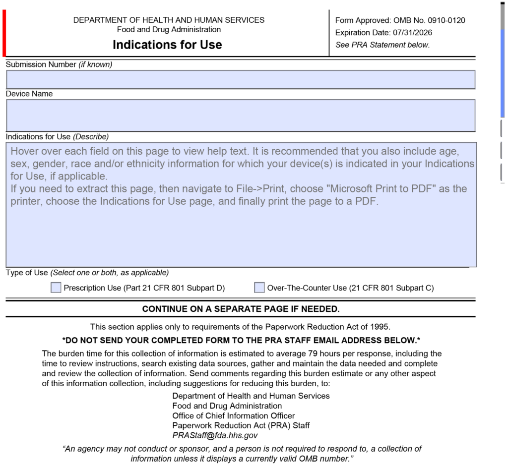 FDA Form 3881 screen capture 1 1024x952 Indications for Use Webinar