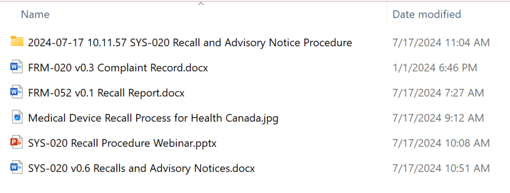 Recall Procedure Dropbox folder contents 1024x389 Recall Procedure (SYS 020) and webinar bundle