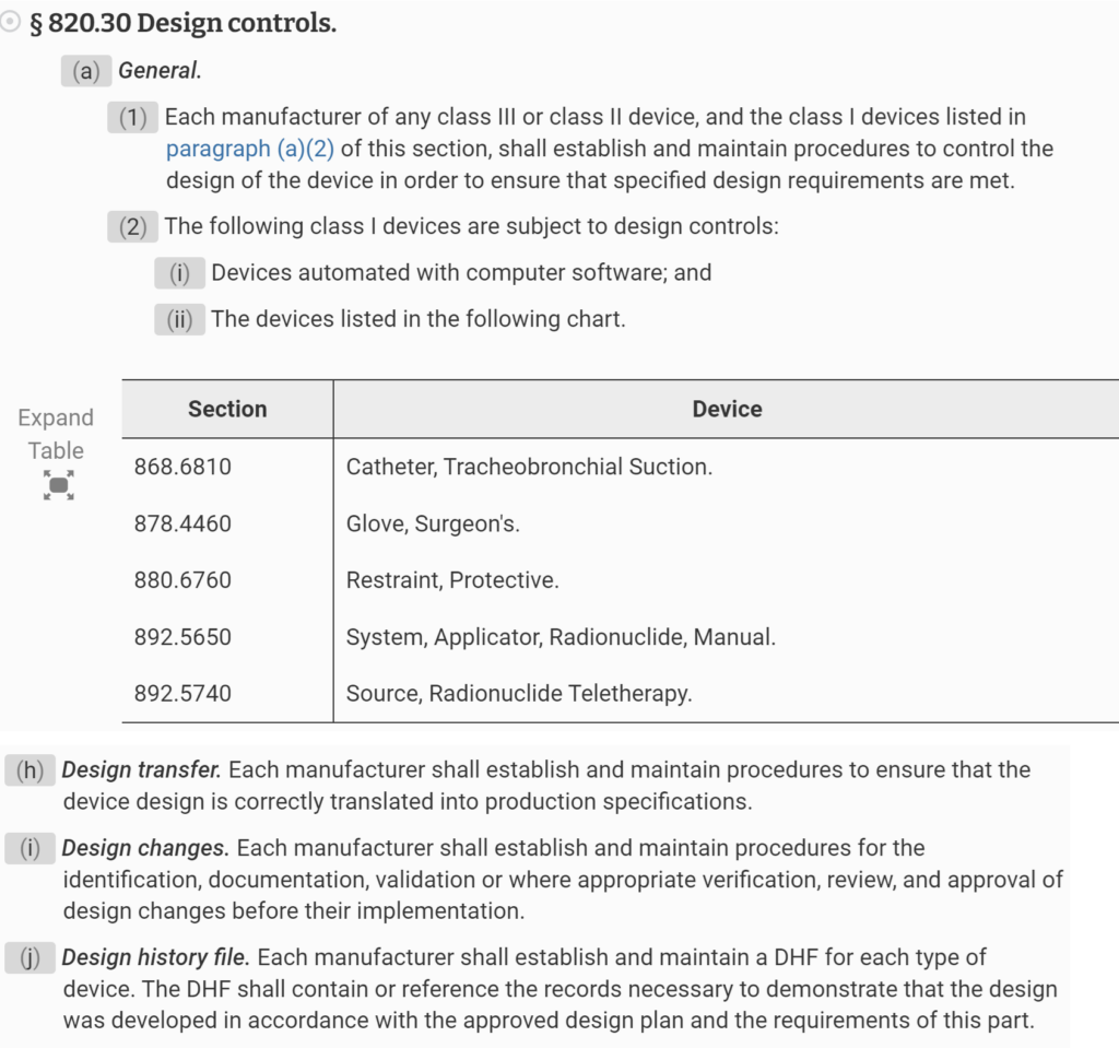 Screen capture of 21 CFR 820 1024x959 Design History File (DHF)   Training Webinar