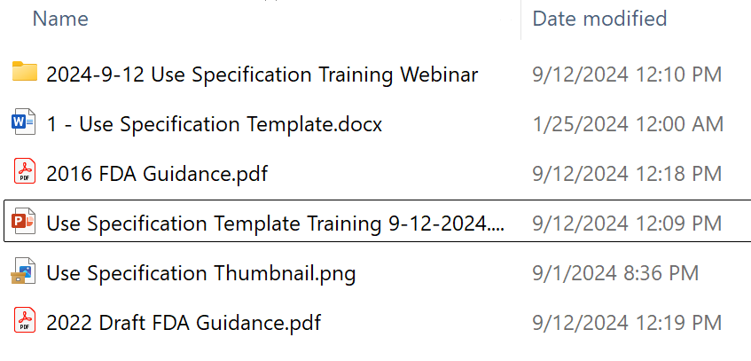 Screen capture of Dropbox folder Use Specification Template & Webinar Bundle