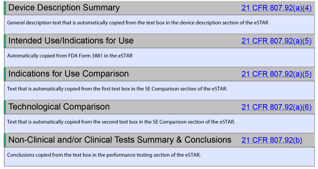 Sections of the 510k summary that are automatically populated in the eSTAR 1024x544 Predicate selection guidance proposes controversial additions