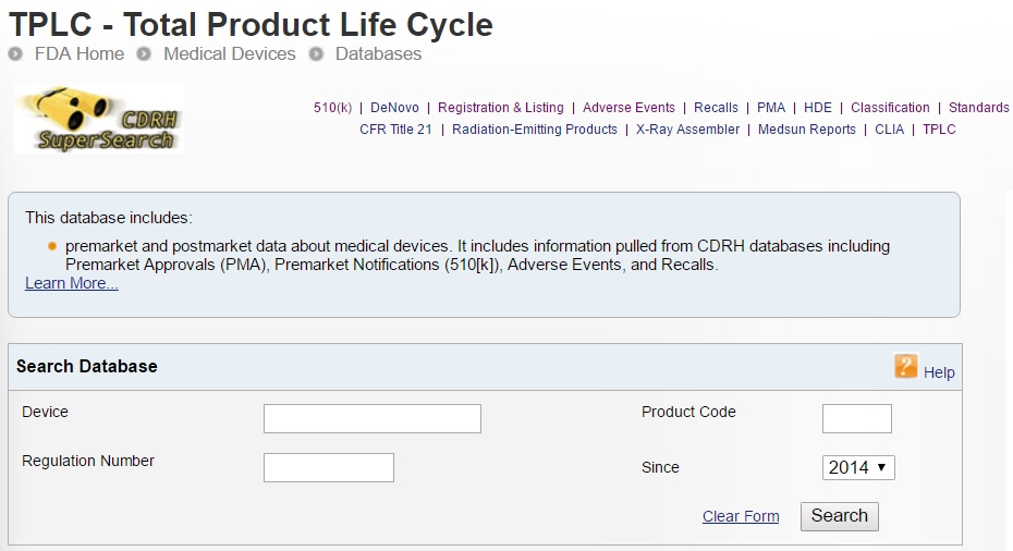 TPLC Database Checking adverse event history for your device and competitors