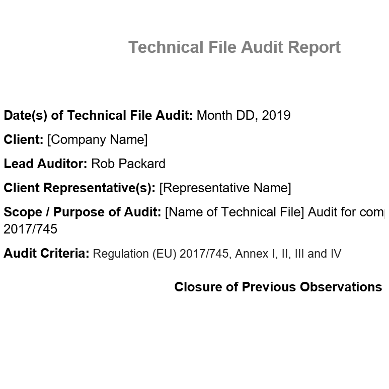 Technical File Audit Report Auditing Technical Files